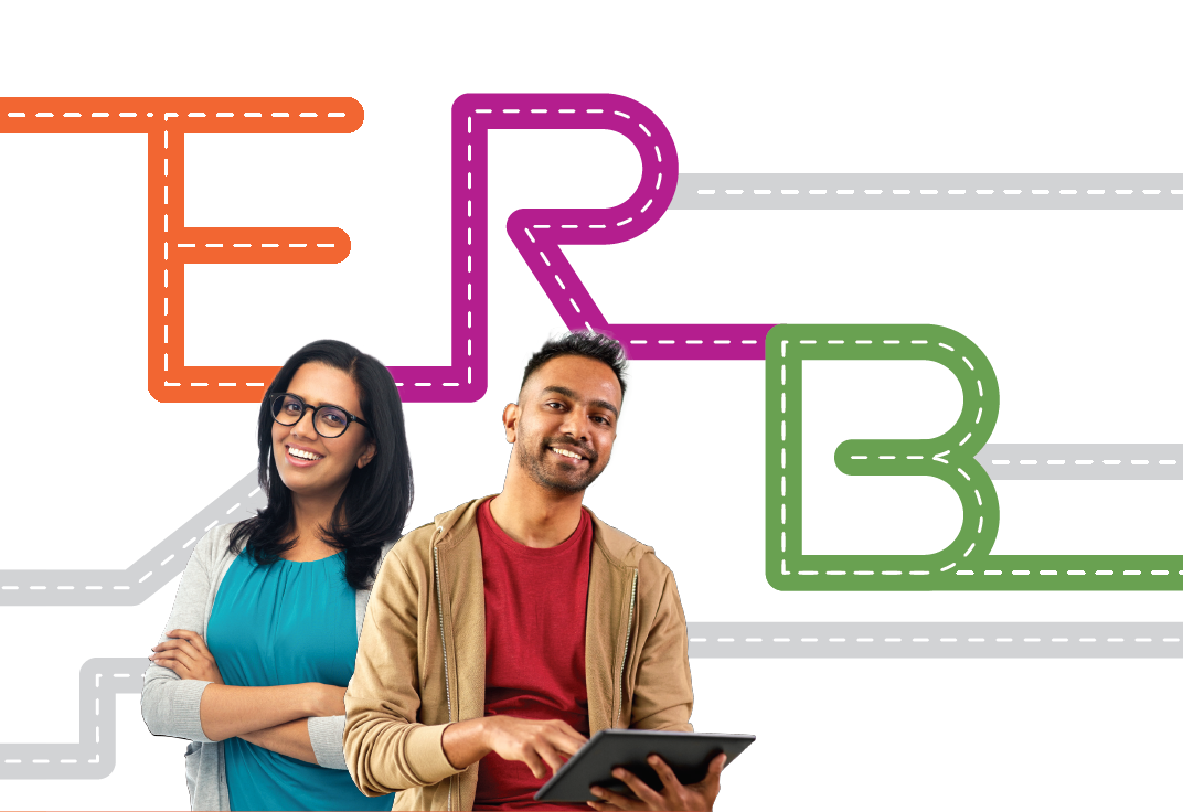 A young man and a young woman, both of South Asian descent, set against a white background featuring a blown-up version of the letters "ERB"