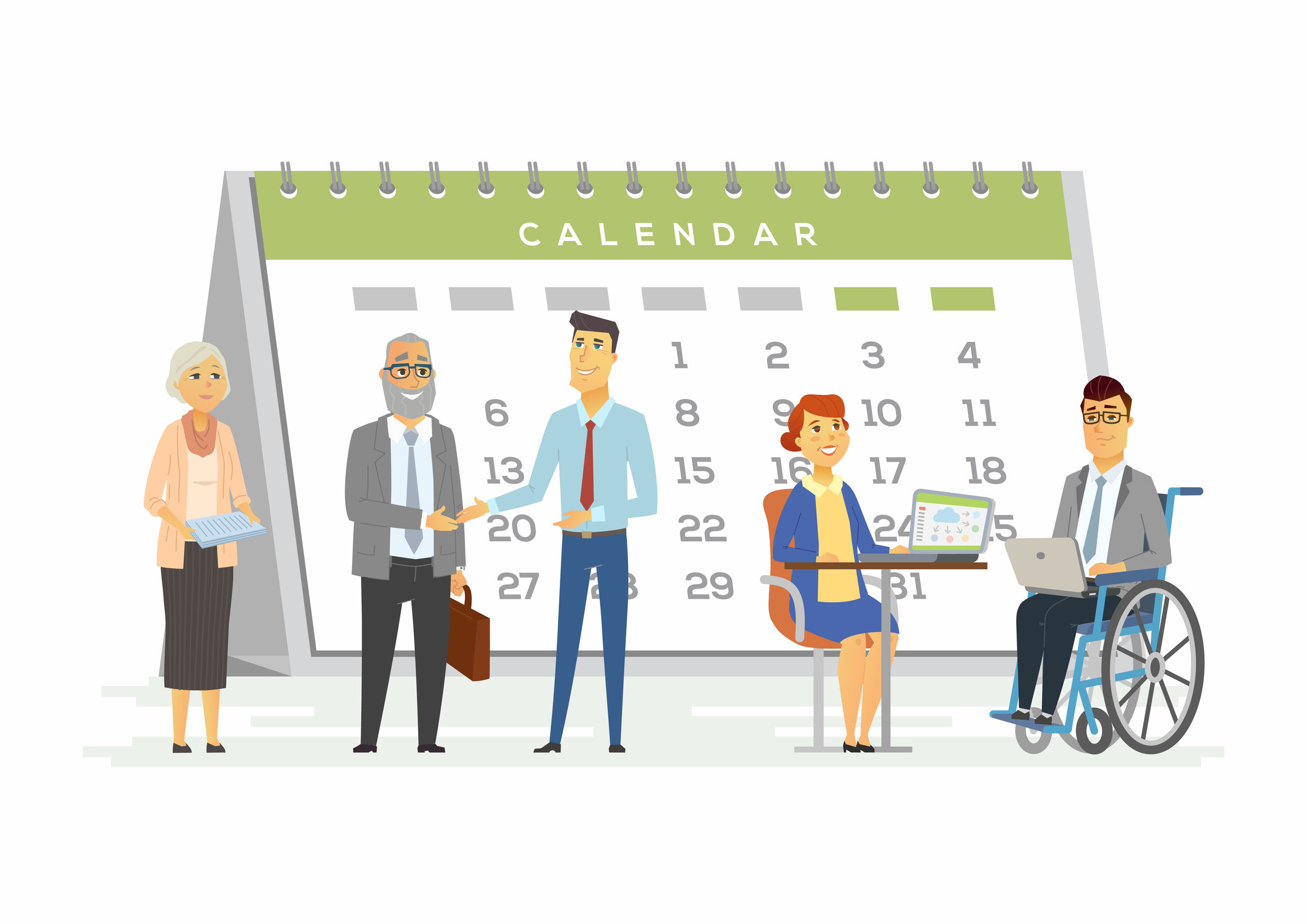 圖片中有一個放大了的座檯月曆，前面是一班僱員的圖像，包括一位輪椅使用者。