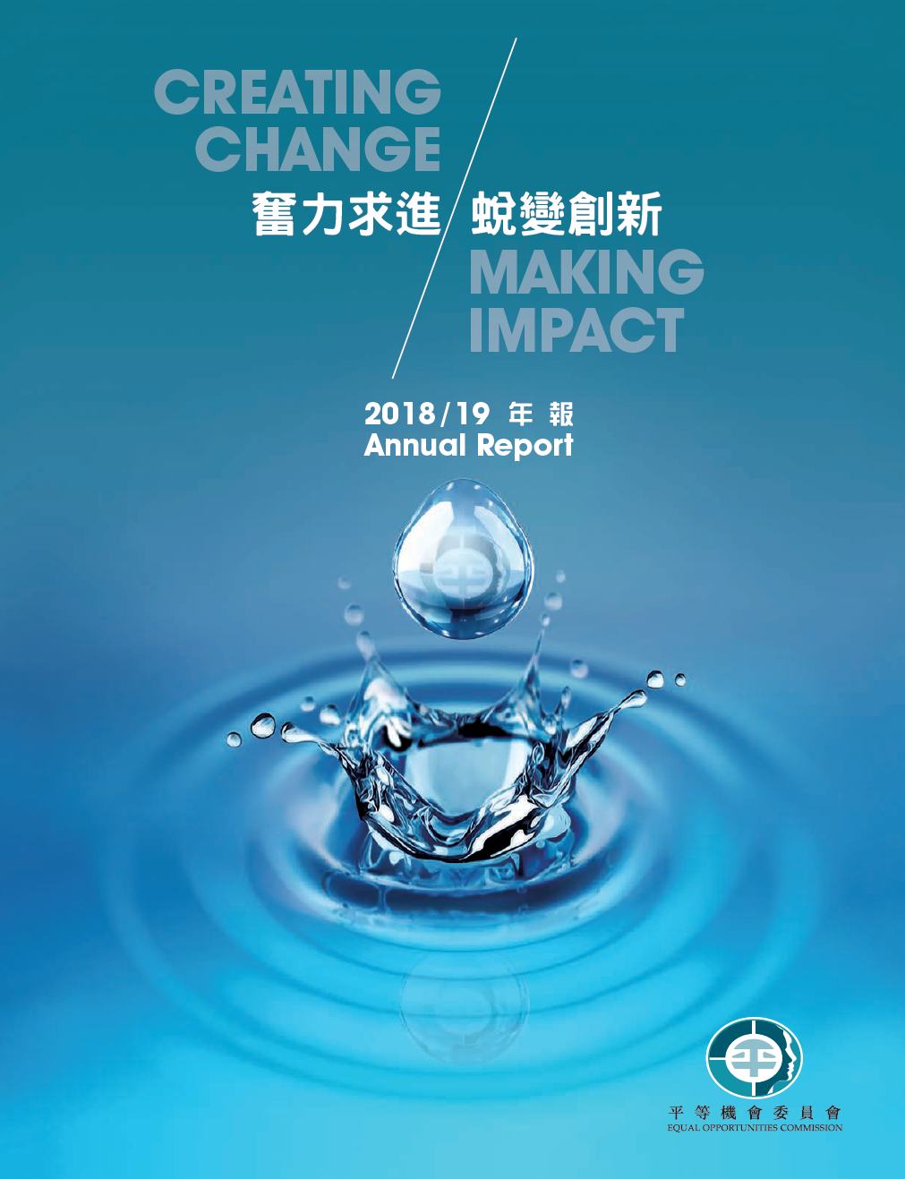 Cover of the annual report, featuring a crystal-clear drop of water falling into a pond. The EOC logo is reflected in the water drop.