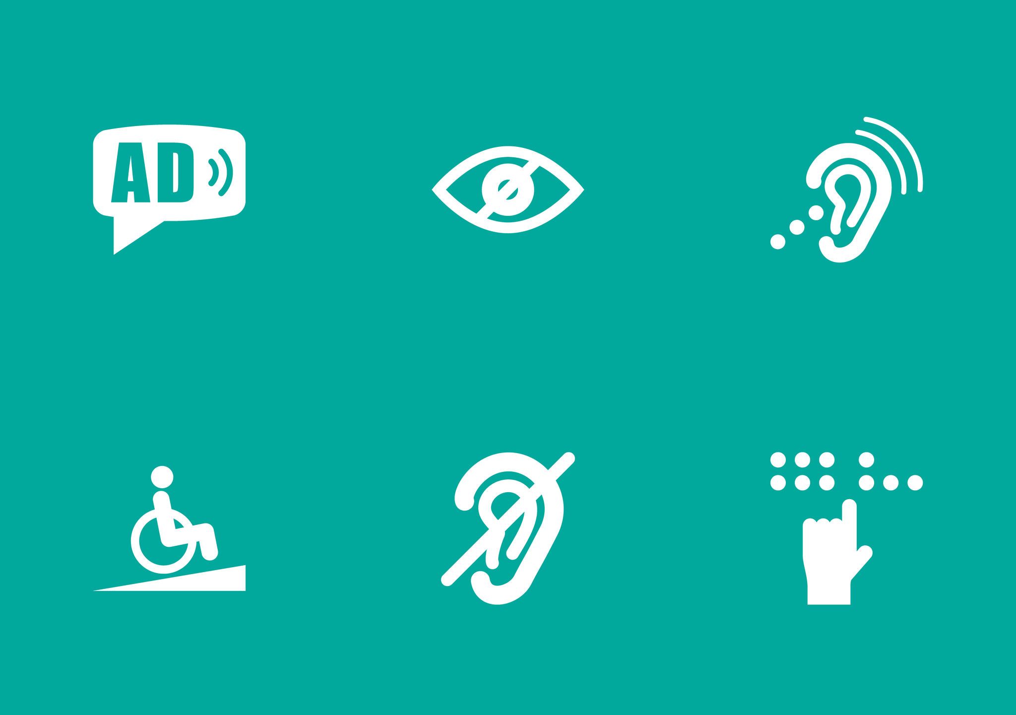 Icons related to accessibility features and assistive devices, including ramps, hearing aids and Braille texts