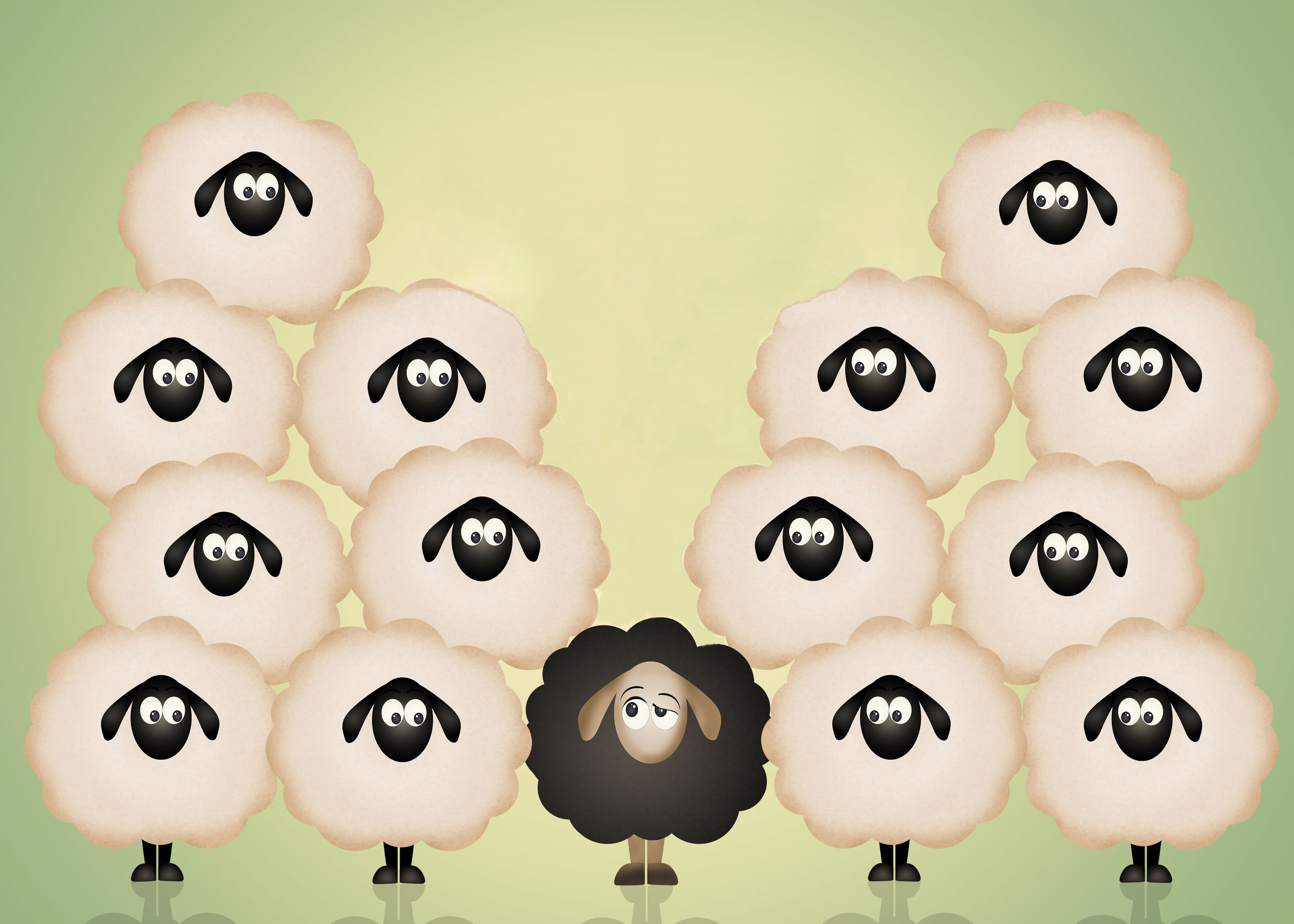 Cartoon of a flock of white sheep surrounding a black sheep