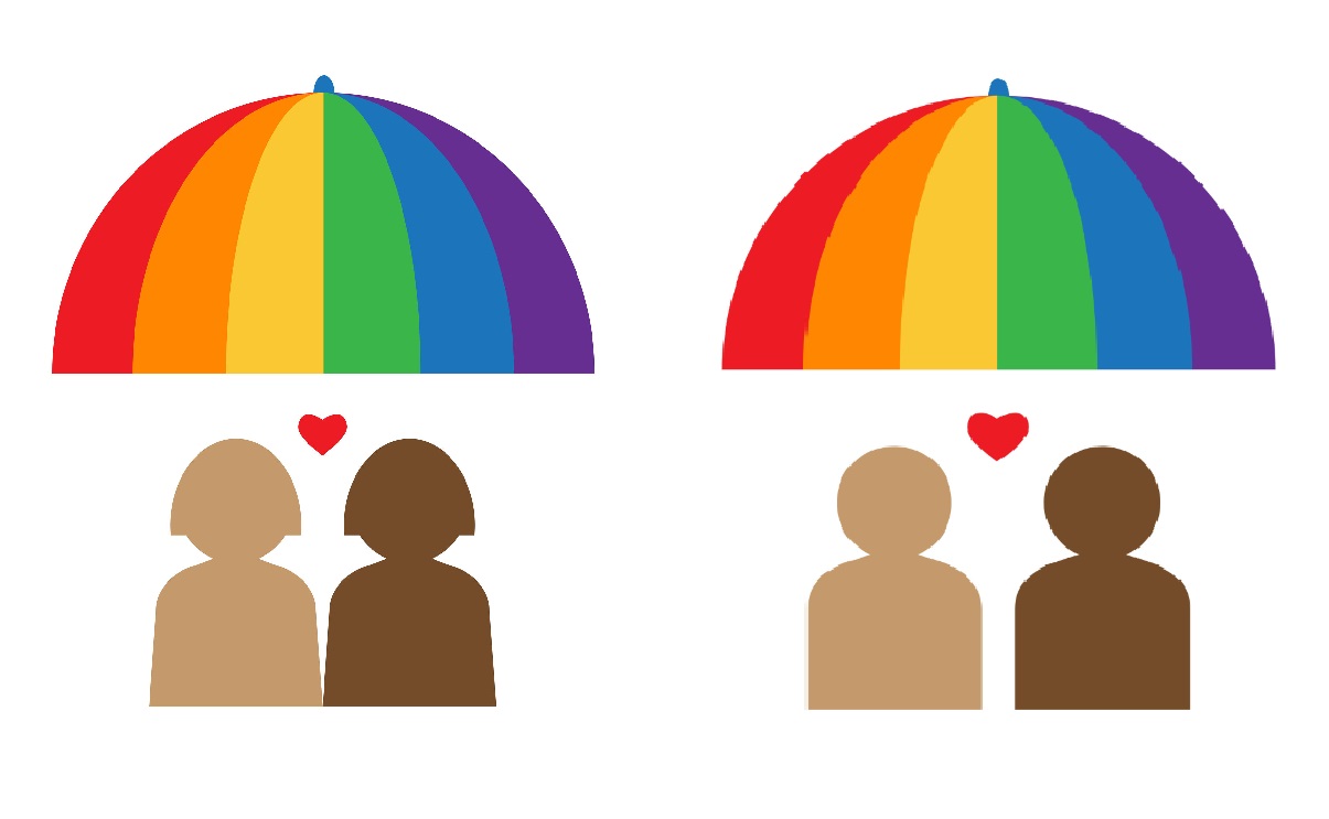 Illustrated image of a gay couple and a lesbian couple, each under a rainbow umbrella