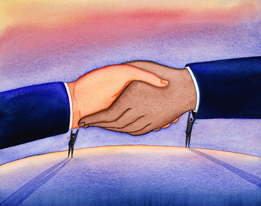 An image of two little people holding two hands above them to facilitate a handshake