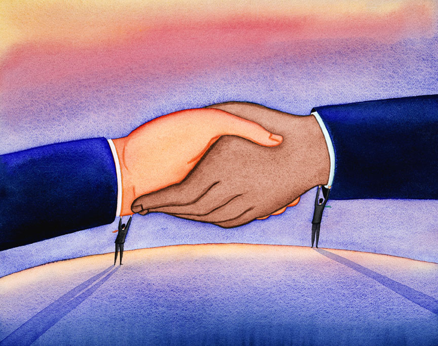 An image of two little people holding two hands above them to facilitate a handshake An image of two little people holding two hands above them to facilitate a handshake