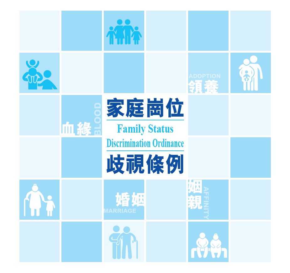 不同藍色的正方形圖案,内有不同照顧者的人形公仔,正在照料小孩和長者 不同藍色的正方形圖案,内有不同照顧者的人形公仔,正在照料小孩和長者