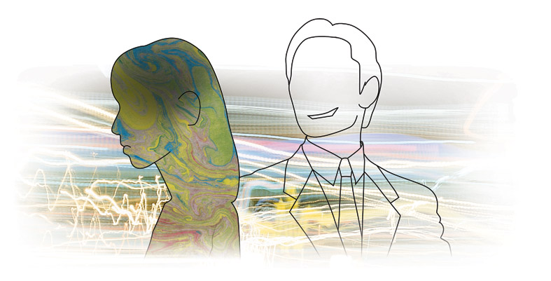 Man eyeing woman with snide smile Man eyeing woman with snide smile