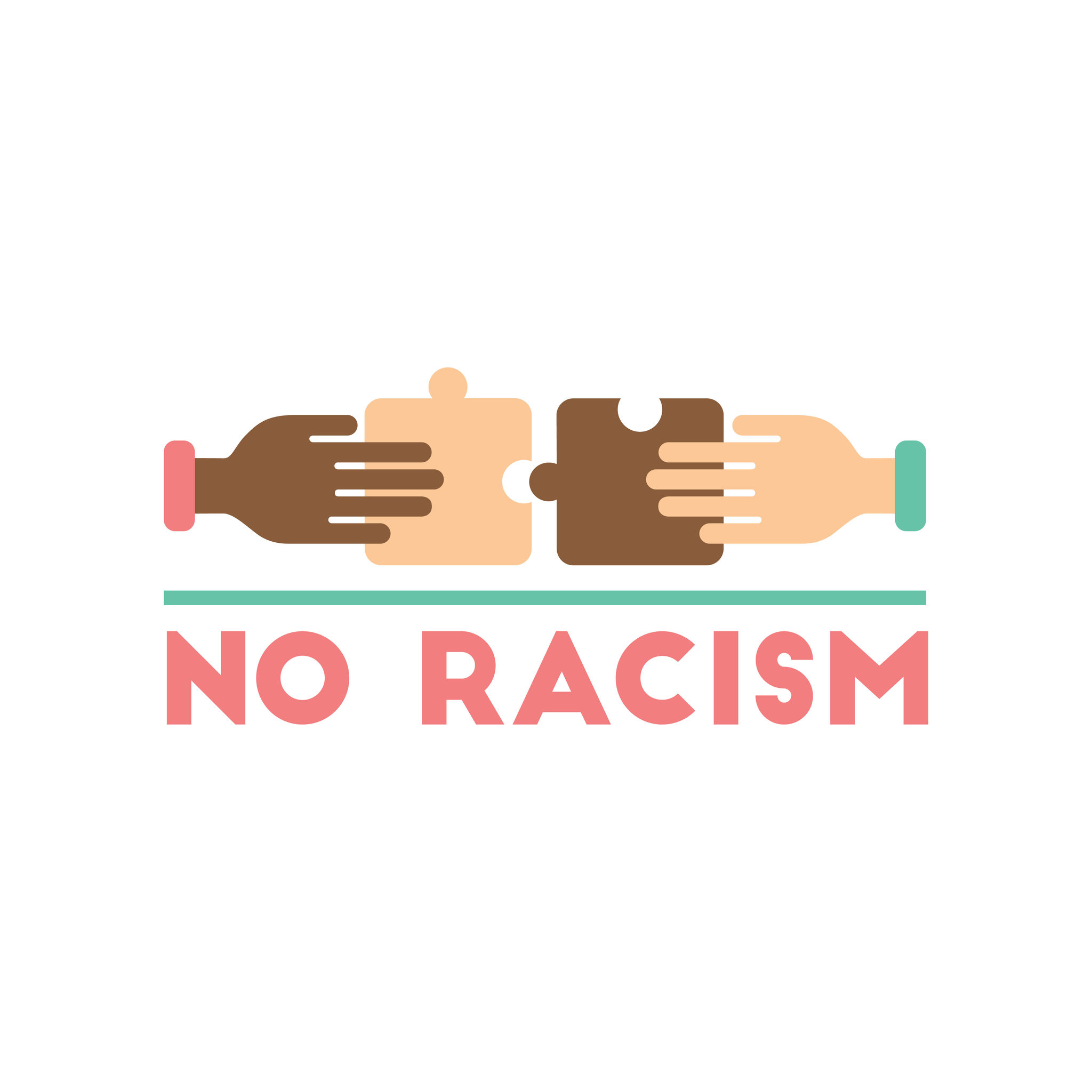Cartoon graphics showing two hands of different skin tones putting two pieces of puzzle together, with the phrase "No Racism" underneath