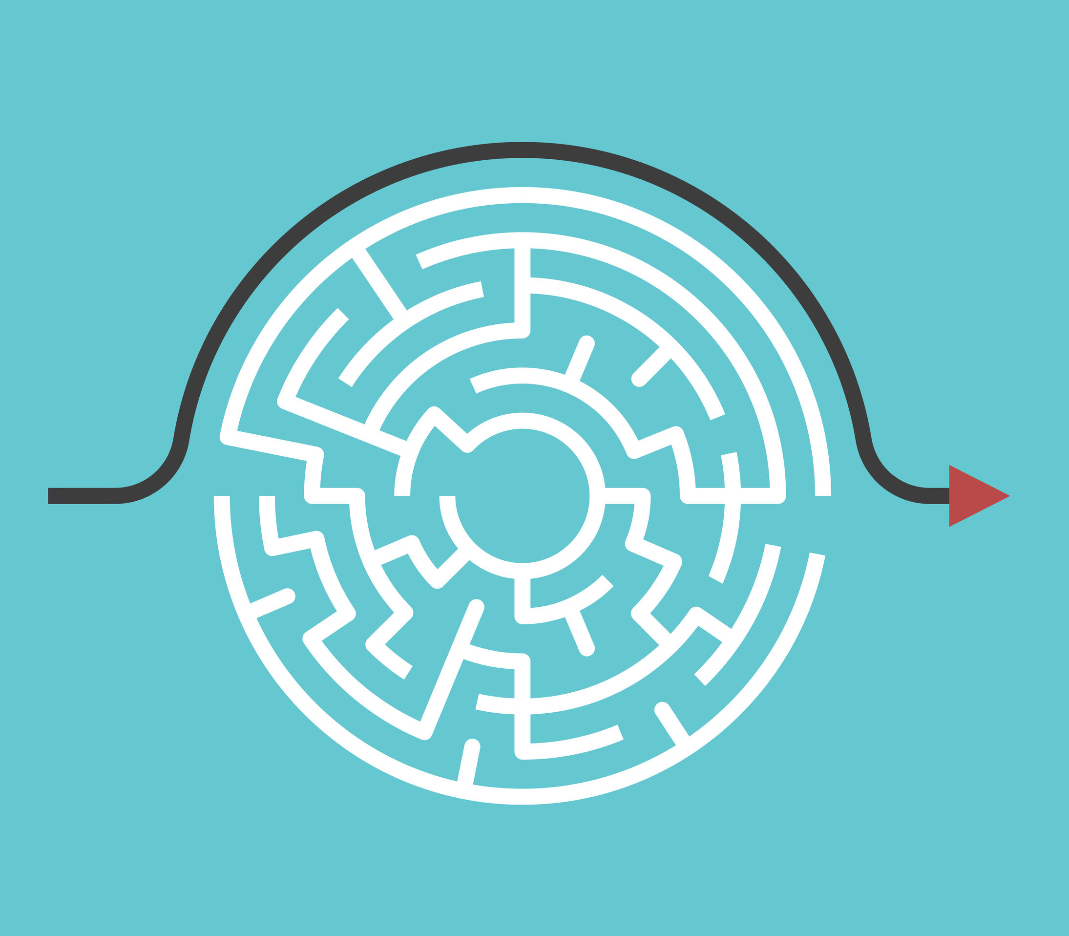 Image of an arrow running from left to right above a circular maze