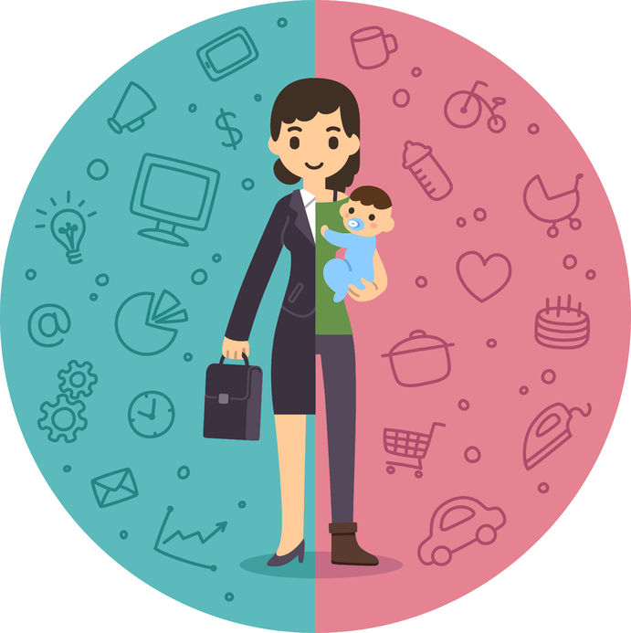 Image of a woman dressed half as a working professional and half as a mother carrying a baby