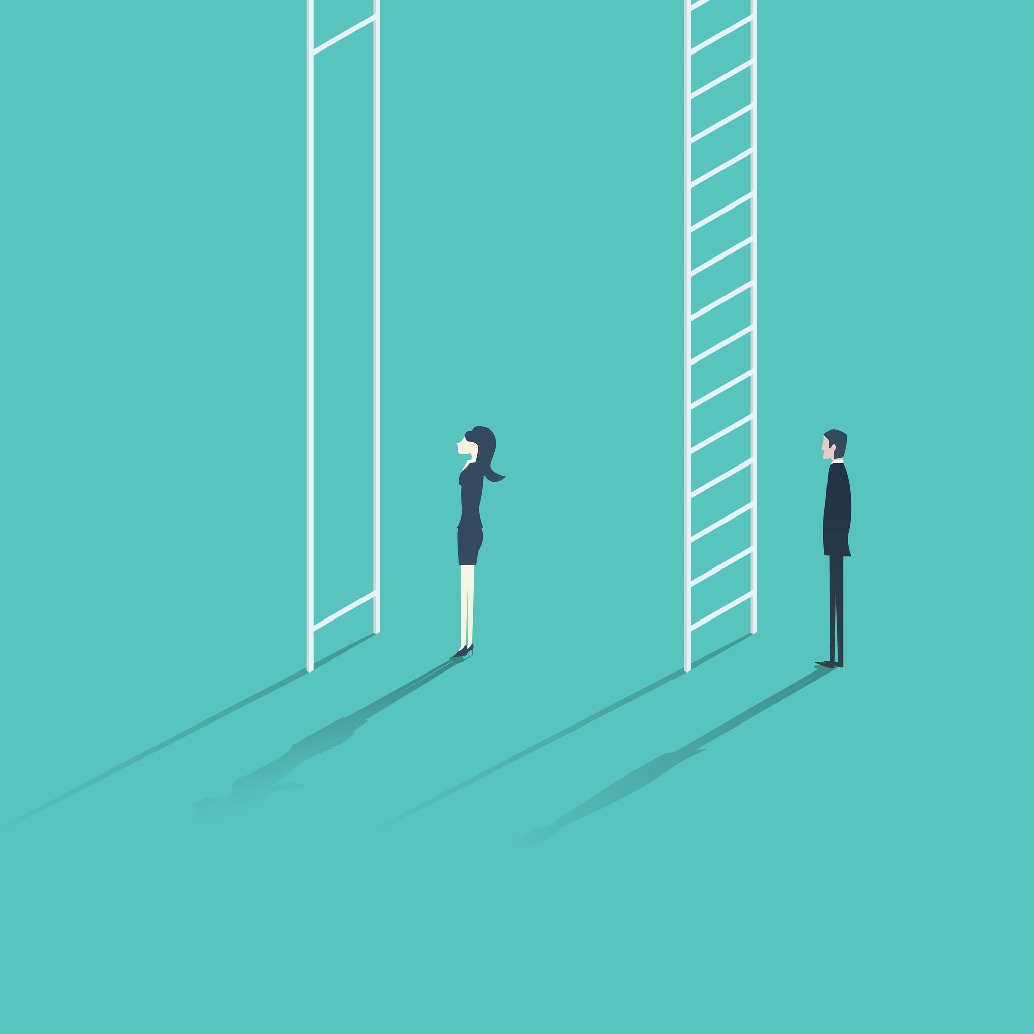 Cartoon of a woman standing in front of a broken ladder, next to a man standing in front of a normal ladder.