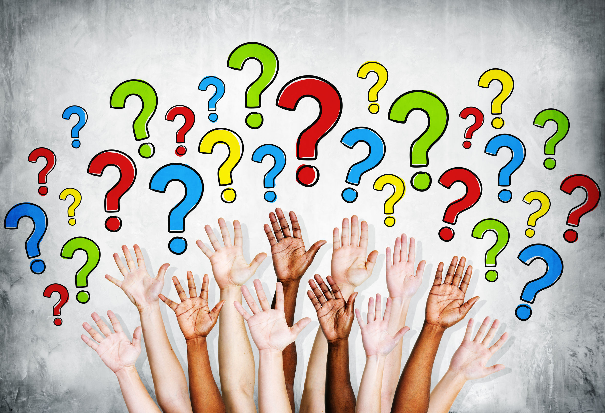 Cartoon of raised hands, with question marks hovering above. Cartoon of raised hands, with question marks hovering above.
