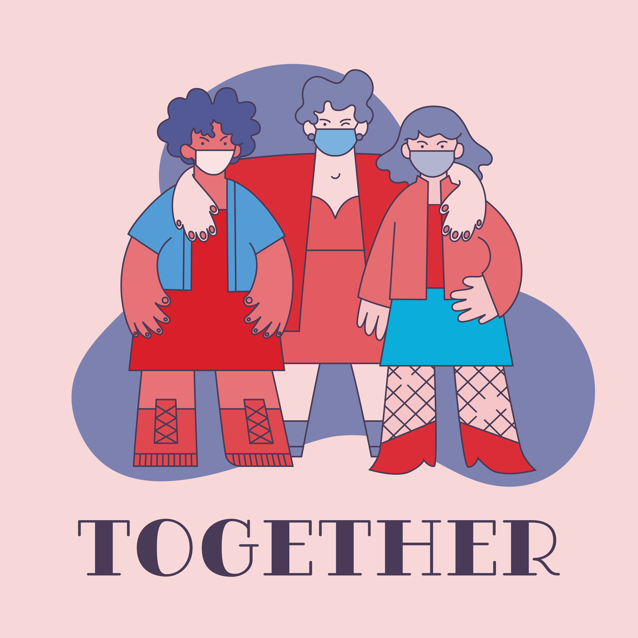 插畫:三位戴著口罩的女士並肩站著。 插畫:三位戴著口罩的女士並肩站著。