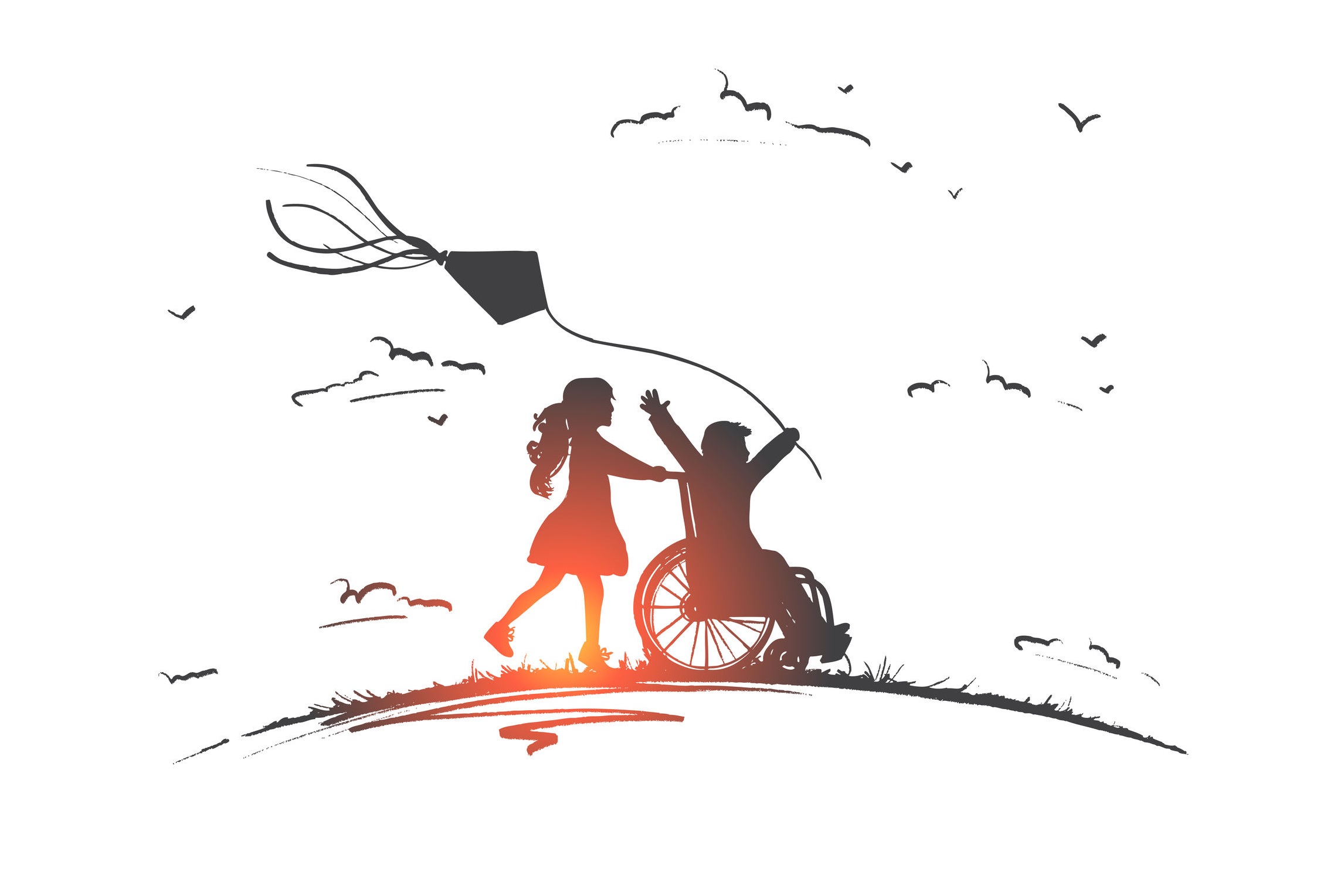 Drawing of a girl pushing a boy in a wheelchair Drawing of a girl pushing a boy in a wheelchair