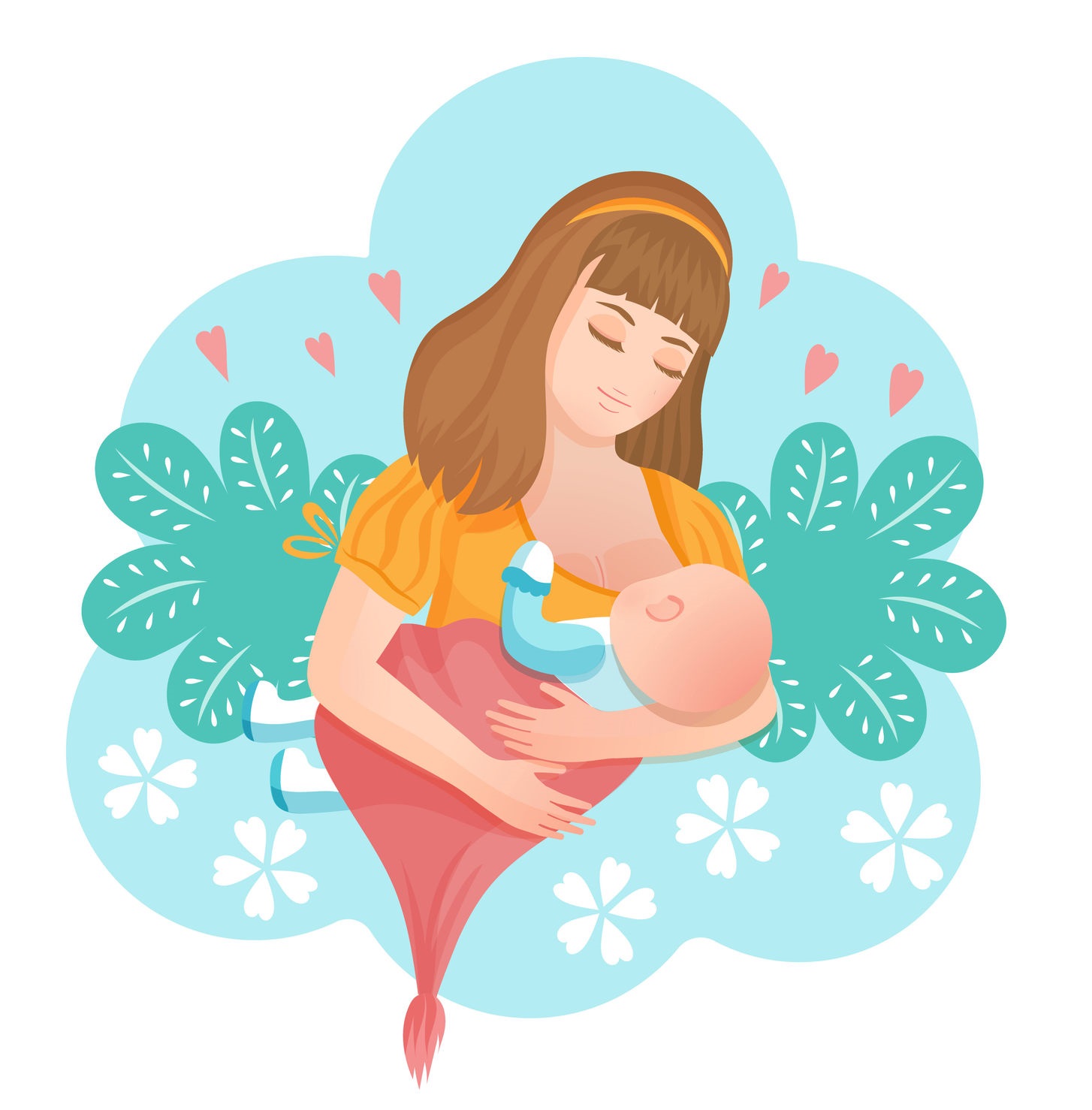 Illustration: a woman dressed in yellow breastfeeding a baby