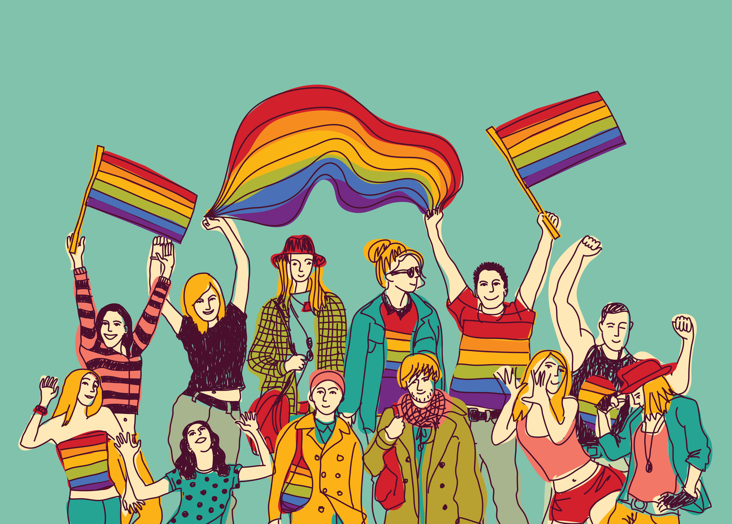 Illustration: people dressed in clothes of different colours and waving rainbow flags