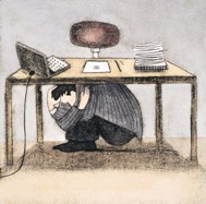 Cartoon featuring a man hiding under his working table