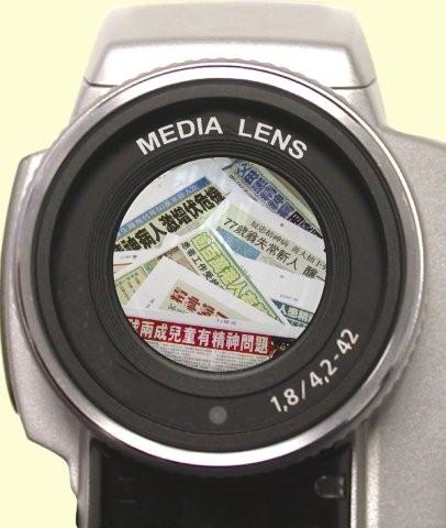 A picture of various news reports on mental illness on a camera lens