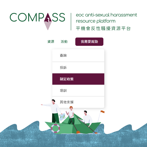 圖中有COMPASS標誌，亦有一隻小船，船上有三人，二人划船，另一人正在看航海圖。