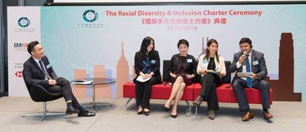 Marie Chow, Otis Hong Kong; Fern Ngai, Community Business; Selina Ko, Manulife HK and Rajnish Kapur, Walgreens Boots Alliance speaking to Raymond Ho of EOC during the panel discussion.